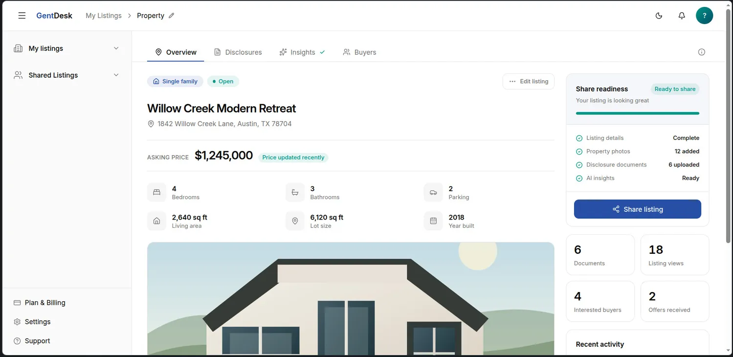 GentDesk listing overview showing share readiness, documents, and buyer activity