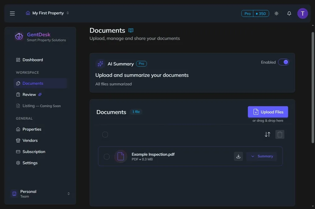 Documents management interface showing how to upload and organize files