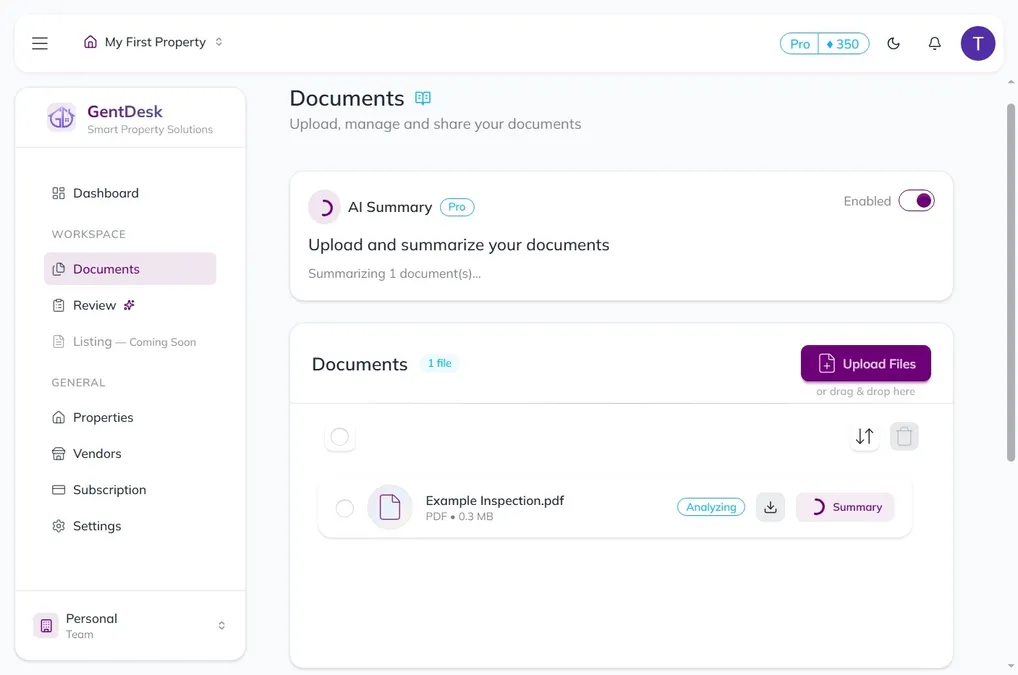 Documents management interface showing how to upload and organize files