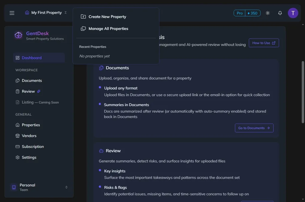 Property management dashboard showing property listings and details