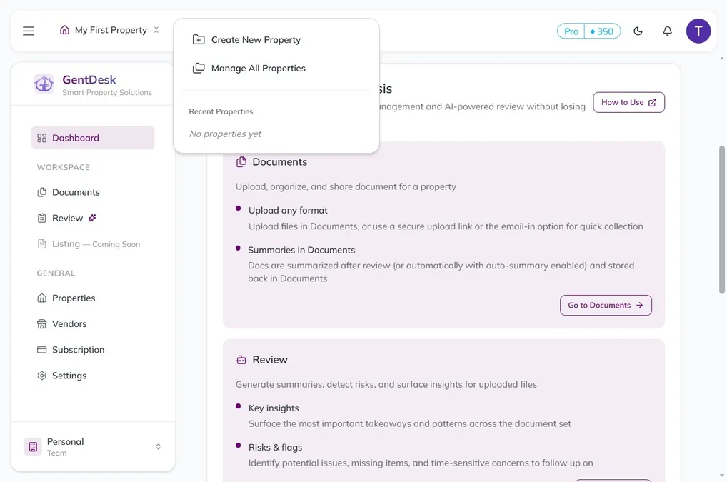 Property management dashboard showing property listings and details