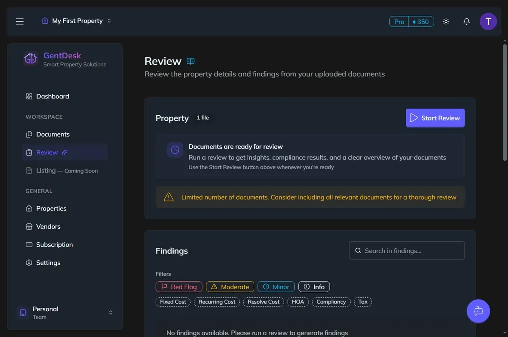Review interface showing property analysis and insights