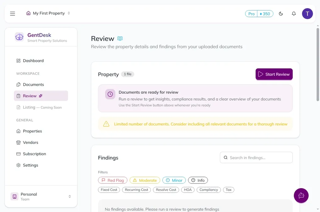 Review interface showing property analysis and insights